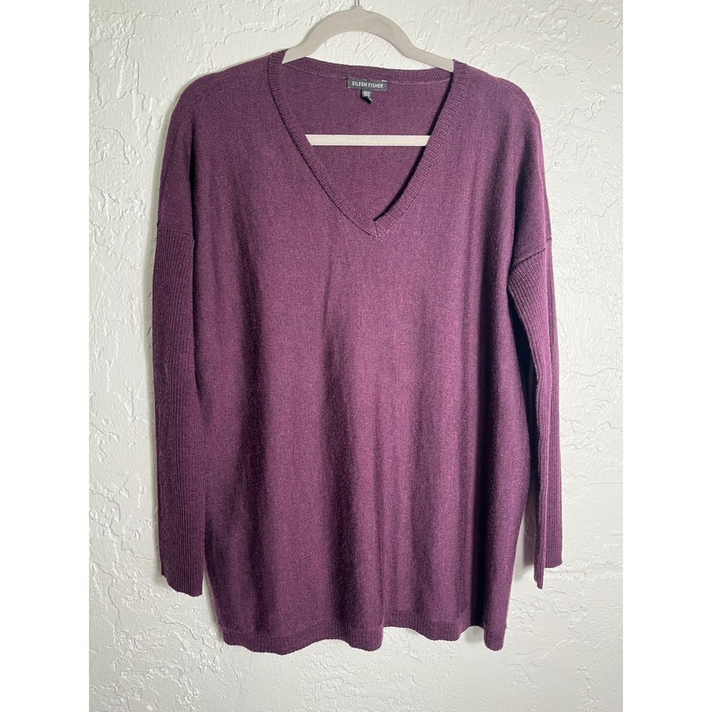 Eileen Fisher 100% Merino Wool Purple V-Neck Oversized Sweater Women's S/P